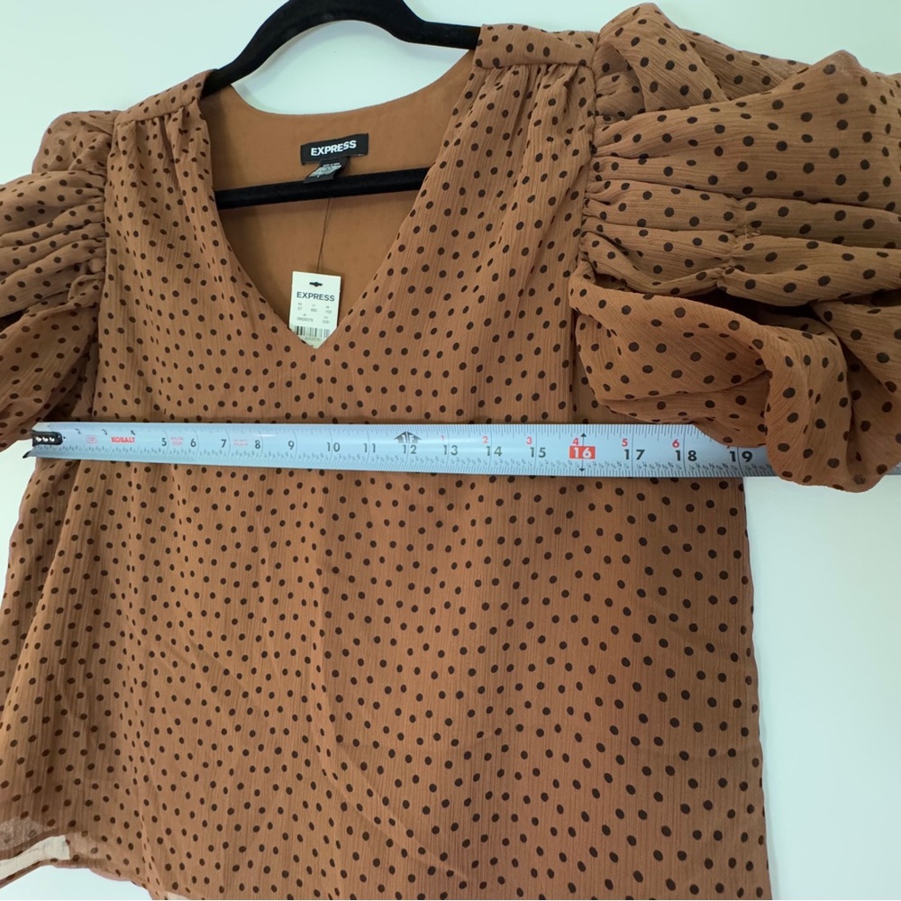 Express Brown Puff Sleeve Polka Dot V Neck Blouse Size Small - Picture 7 of 9